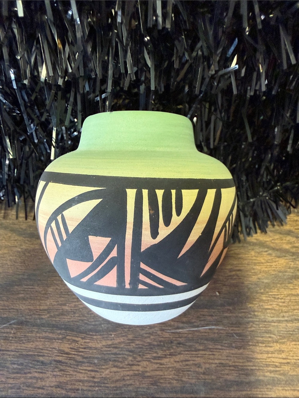 Mesa Verde Pottery Artisan Geometric Ceramic Vase in Green and Peach Aztec print